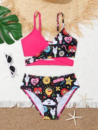 青少年女孩卡通图案裹身比基尼套装夏日海滩