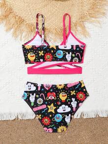 青少年女孩卡通图案裹身比基尼套装夏日海滩 - 彩色 - 查看 2