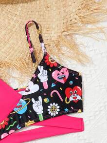 青少年女孩卡通图案裹身比基尼套装夏日海滩 - 彩色 - 查看 3