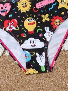 青少年女孩卡通图案裹身比基尼套装夏日海滩 - 彩色 - 查看 4