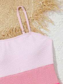 SHEIN Teen Girl Color Block Smocked One Piece Swimsuit - Pink - View 3