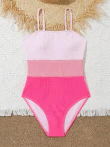 SHEIN Teen Girl Color Block Smocked One Piece Swimsuit - Pink - View 5