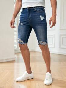 Manfinity NXTstreet Men Ripped Frayed Raw Hem Denim Shorts - Dark Wash - View 1