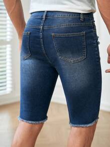 Manfinity NXTstreet Men Ripped Frayed Raw Hem Denim Shorts - Dark Wash - View 2