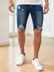 Manfinity NXTstreet Men Ripped Frayed Raw Hem Denim Shorts - Dark Wash - View 3