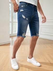 Manfinity NXTstreet Men Ripped Frayed Raw Hem Denim Shorts - Dark Wash - View 4