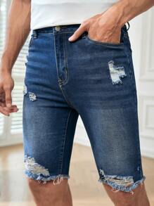 Manfinity NXTstreet Men Ripped Frayed Raw Hem Denim Shorts - Dark Wash - View 5