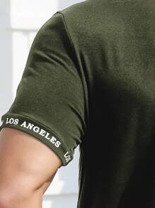 Manfinity Homme 男士字母圖案拼接邊T恤 - 軍綠色 - 查看 3