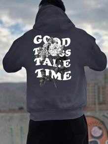 Manfinity Homme 男士花卉及時尚標語圖案袋鼠口袋束口保暖加厚超大尺碼連帽衛衣 - 灰色 - 查看 7