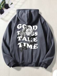 Manfinity Homme 男士花卉及時尚標語圖案袋鼠口袋束口保暖加厚超大尺碼連帽衛衣 - 灰色 - 查看 1