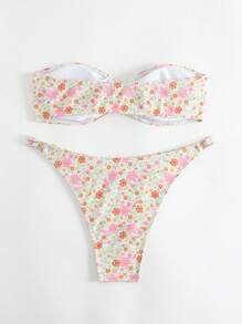 Swim Mod Ditsy Floral Print Ring Linked Bandeau Bikini Set For Summer Beach - Multicolor - View 2