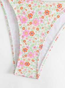 Swim Mod Ditsy Floral Print Ring Linked Bandeau Bikini Set For Summer Beach - Multicolor - View 3