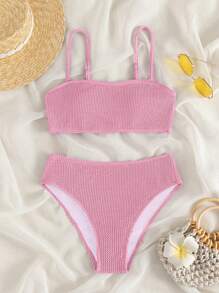 SHEIN Swim màu trơn Bộ đồ bơi Bikini - Màu Hồng baby - Xem 1