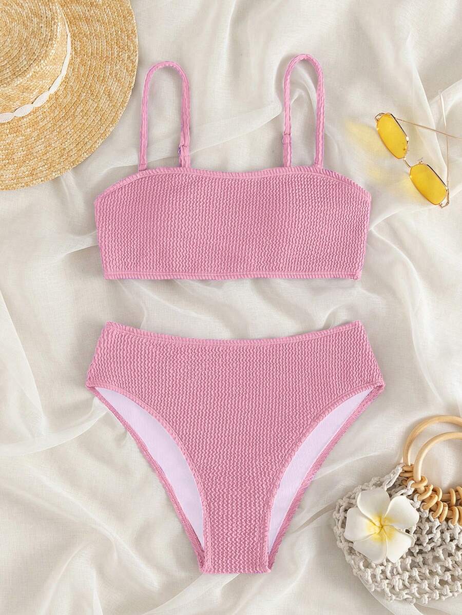 SHEIN Swim màu trơn Bộ đồ bơi Bikini - Màu Hồng baby - Xem 1