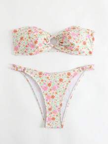 Swim Mod Ditsy Floral Print Ring Linked Bandeau Bikini Set For Summer Beach - Multicolor - View 5