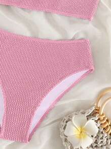 SHEIN Swim màu trơn Bộ đồ bơi Bikini - Màu Hồng baby - Xem 3