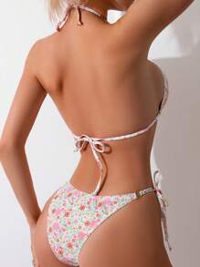 Swim Mod Summer Beach Ditsy Floral Halter Triangle Bikini Set - Multicolor - View 2