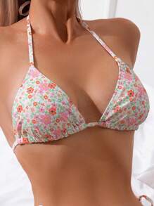 Swim Mod Summer Beach Ditsy Floral Halter Triangle Bikini Set - Multicolor - View 5