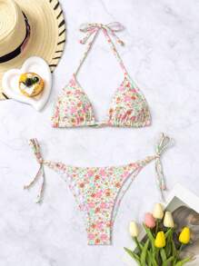 Swim Mod Summer Beach Ditsy Floral Halter Triangle Bikini Set - Multicolor - View 8