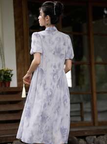 DAZY Tie Dye Mandarin Collar Puff Sleeve Dress - Grey - View 2
