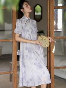 DAZY Tie Dye Mandarin Collar Puff Sleeve Dress - Grey - View 4