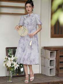 DAZY Tie Dye Mandarin Collar Puff Sleeve Dress - Grey - View 5