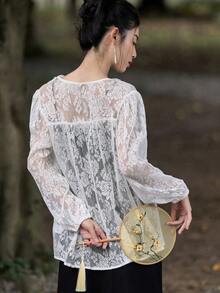 DAZY 素色開門襟蕾絲襯衫 - 白色 - 查看 2