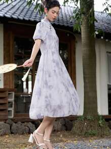 DAZY Tie Dye Mandarin Collar Puff Sleeve Dress - Grey - View 6