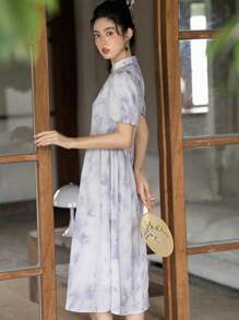 DAZY Tie Dye Mandarin Collar Puff Sleeve Dress - Grey - View 8