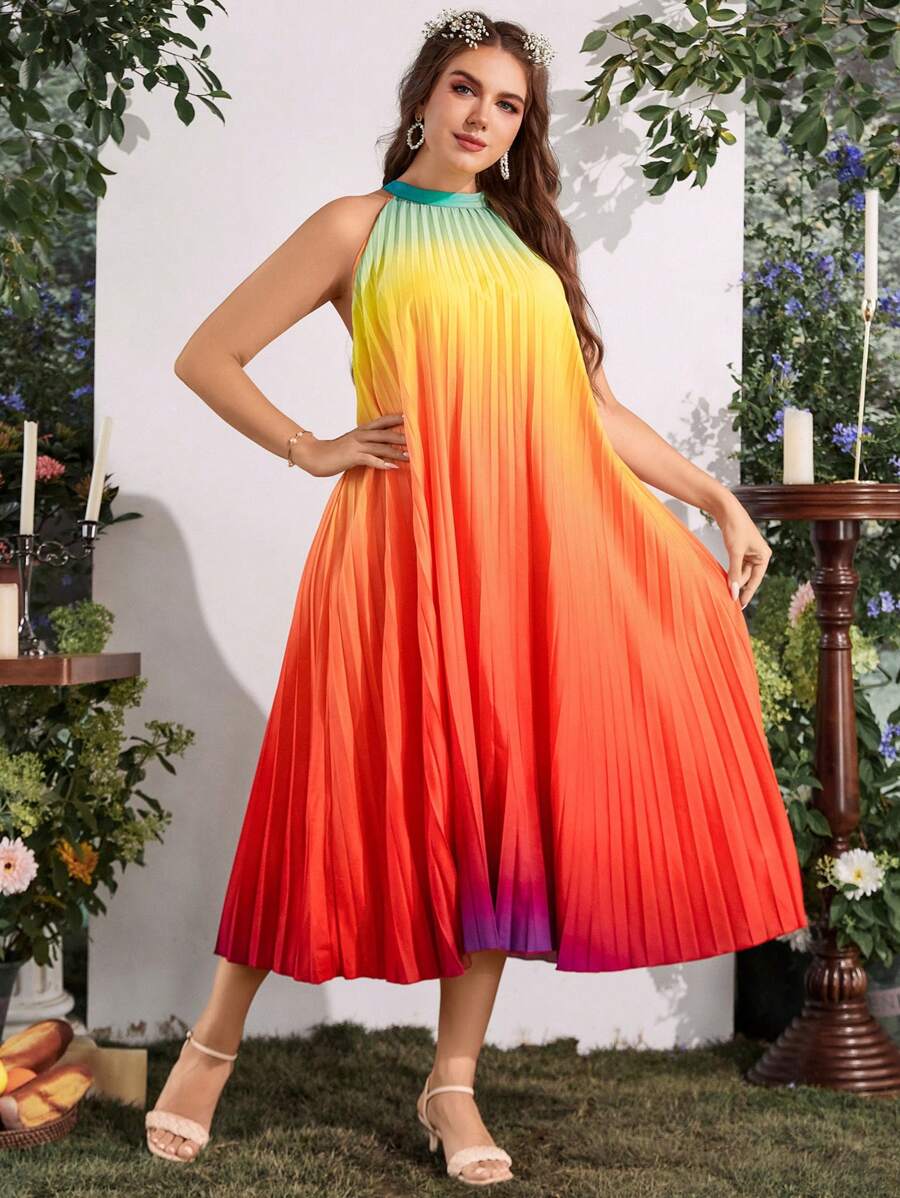 SHEIN Unity 大碼漸層百褶下擺掛脖連衣裙 - 彩色 - 查看 1