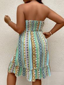 SHEIN Holidaya Plus Geo Print Ruffle Hem Tube Dress - Green - View 2
