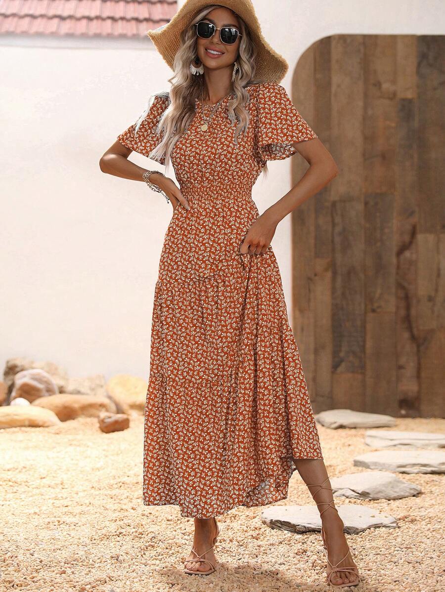 SHEIN Clasi Đầm Maxi Họa Tiết Bướm Tay Phồng Viền Xếp Ly Cho Nữ - Rỉ Nâu - Xem 1