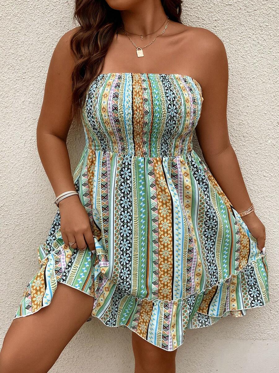 SHEIN Holidaya Plus Geo Print Ruffle Hem Tube Dress - Green - View 1