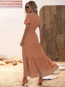 SHEIN Clasi Đầm Maxi Họa Tiết Bướm Tay Phồng Viền Xếp Ly Cho Nữ - Rỉ Nâu - Xem 2