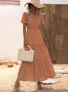 SHEIN Clasi Đầm Maxi Họa Tiết Bướm Tay Phồng Viền Xếp Ly Cho Nữ - Rỉ Nâu - Xem 3