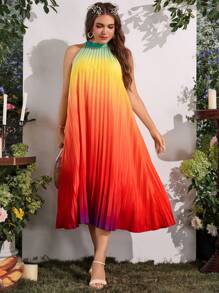 SHEIN Unity 大碼漸層百褶下擺掛脖連衣裙 - 彩色 - 查看 6