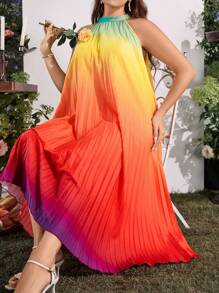 SHEIN Unity 大碼漸層百褶下擺掛脖連衣裙 - 彩色 - 查看 7