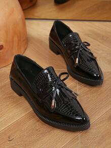 Bailarinas negras con estampado de cocodrilo y lazo decorativo para mujer, otoño 2025. Elegantes mocasines de punta fina para uso en exteriores - Negro - Ver 4