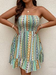 SHEIN Holidaya Plus Geo Print Ruffle Hem Tube Dress - Green - View 7