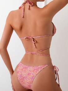 Summer Beach Paisley Print Ring Linked Halter Triangle Bikini Set - Coral Pink - View 2