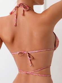 Summer Beach Paisley Print Ring Linked Halter Triangle Bikini Set - Coral Pink - View 4