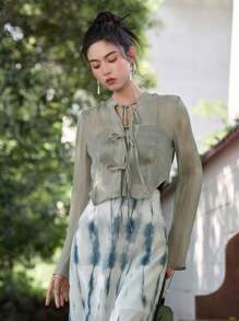 DAZY Chất rắn Tie Trước Áo sơ mi - màu xanh lá - Xem 3