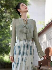 DAZY Chất rắn Tie Trước Áo sơ mi - màu xanh lá - Xem 7