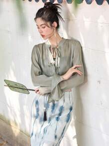 DAZY Chất rắn Tie Trước Áo sơ mi - màu xanh lá - Xem 8