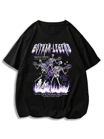 男士字母骷髅印花T恤，万圣节适用