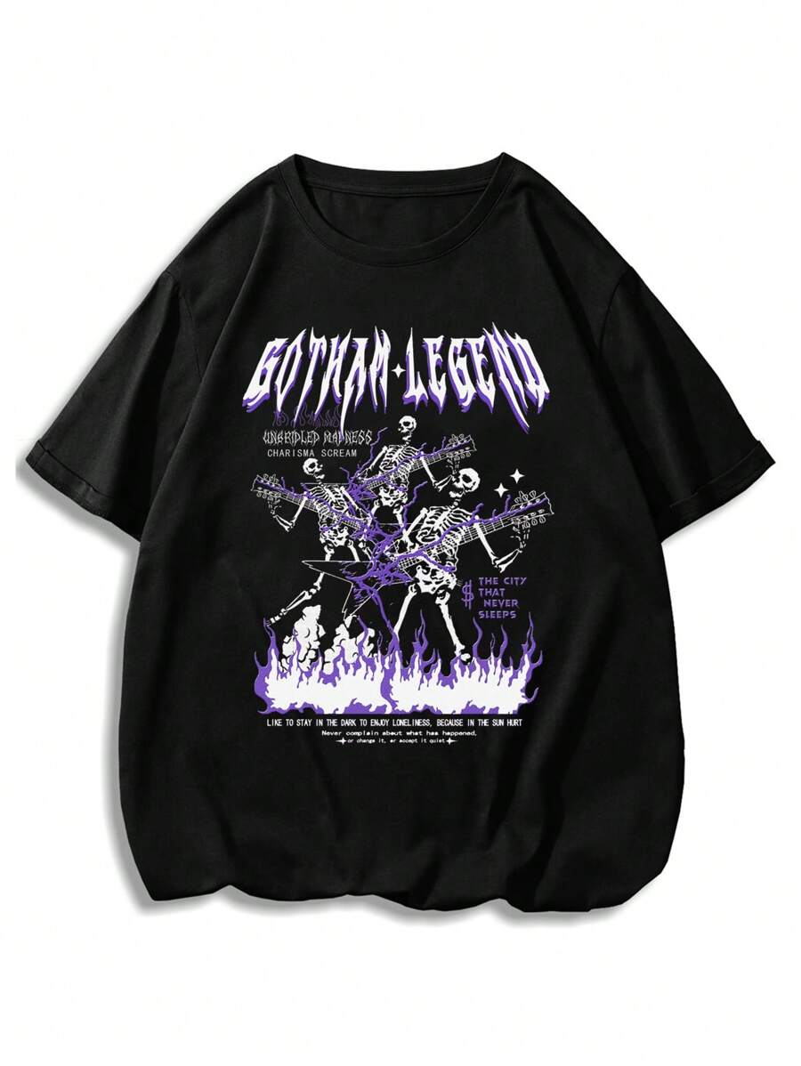 Camiseta con estampado de letra y calavera para hombres, para Halloween - Negro - Ver 1