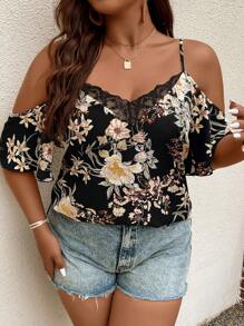 SHEIN Clasi Plus Floral Print Cold Shoulder Contrast Lace Blouse For Summer - Black - View 1