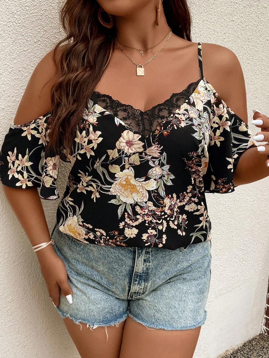 SHEIN Clasi Plus Floral Print Cold Shoulder Contrast Lace Blouse For Summer - Black - View 1