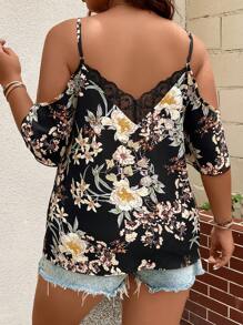 SHEIN Clasi Plus Floral Print Cold Shoulder Contrast Lace Blouse For Summer - Black - View 2