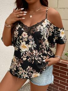 SHEIN Clasi Plus Floral Print Cold Shoulder Contrast Lace Blouse For Summer - Black - View 4